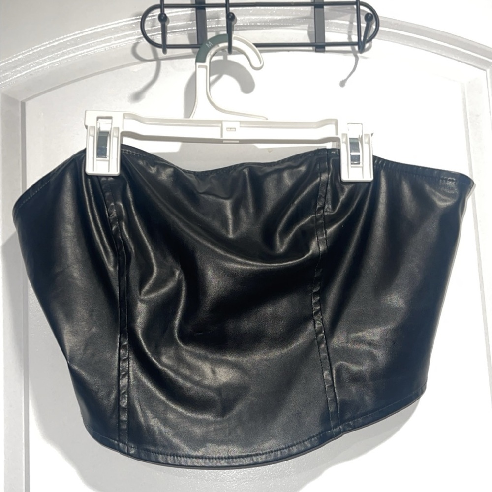 Black leather strapless top